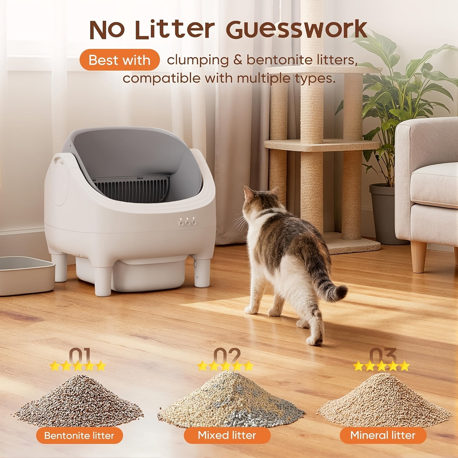 Self-Cleaning Litter Box, Automatic Cat Litter Box with APP Control, Open-Design Electric Litter Box, Safety Anti-Pinch, Odor-Free Waste Disposal Includes Trash Bags, Suitable for Multiple Cats