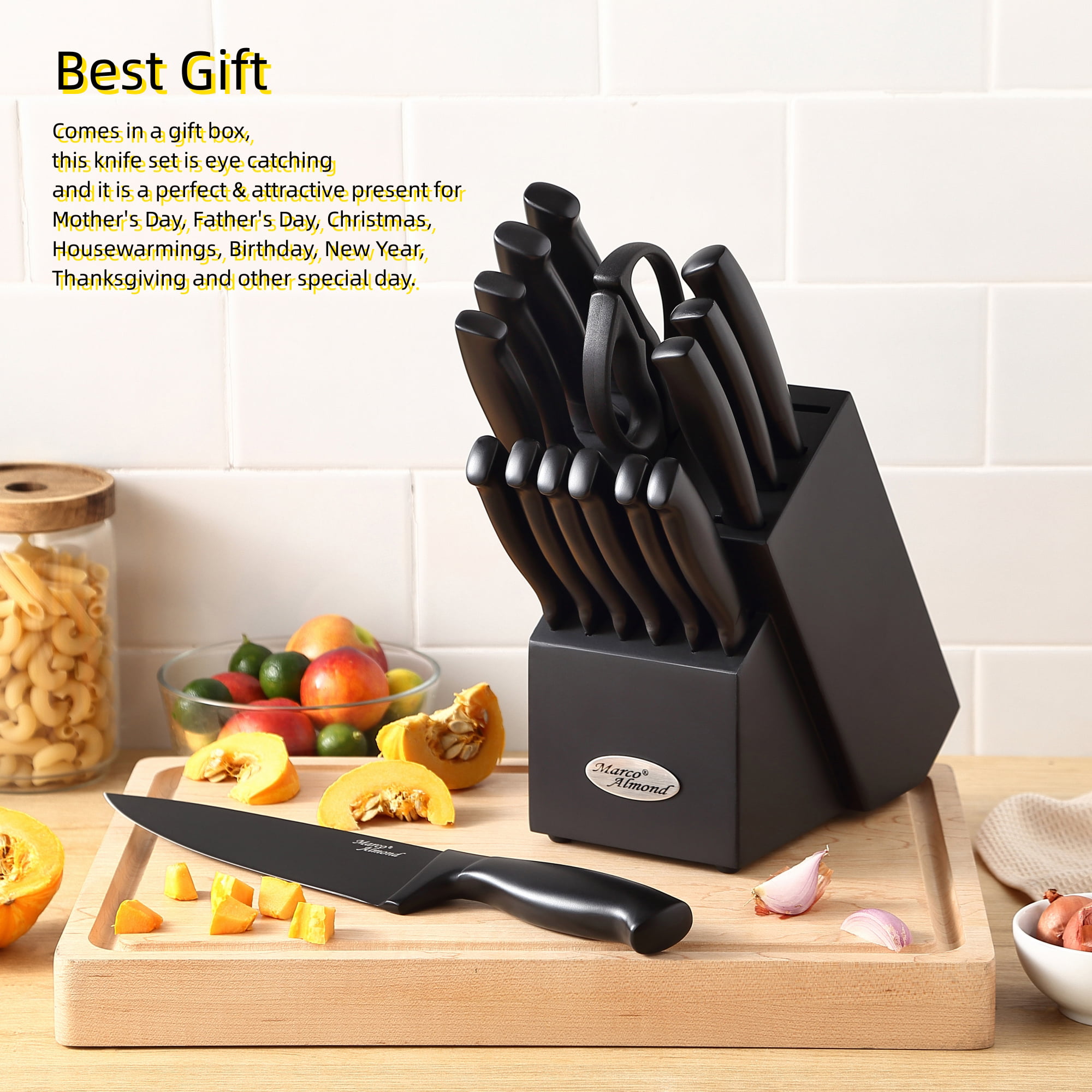 Marco Almond MA22 Knife Sets, 19 Pieces Stainless Steel Hollow Handle  Kitchen Knives Block Set