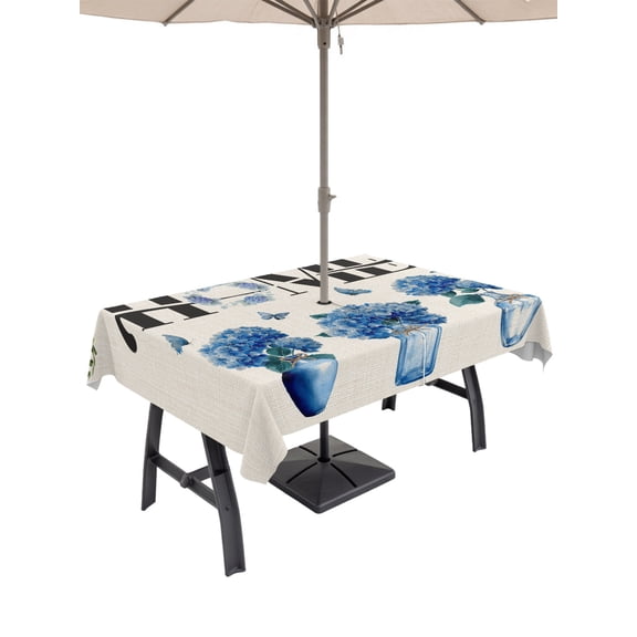 52x70 Inch Outdoor Tablecloth with Umbrella Hole Zipper Rectangle Navy Blue Bottle Hydrangeas Rectangular Tablecloths Waterproof Country Rustic Flowers Burlap Patio Table Cloth Cover for Picnic