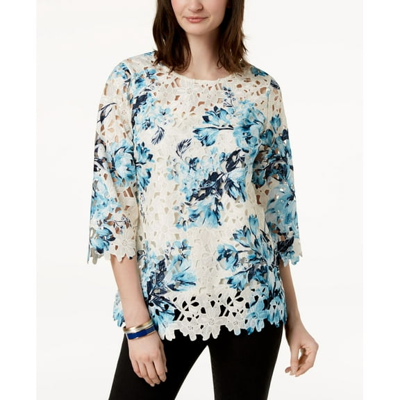 Charter Club Floral-Print Lace Top (Blue Chiffon Combo, S)