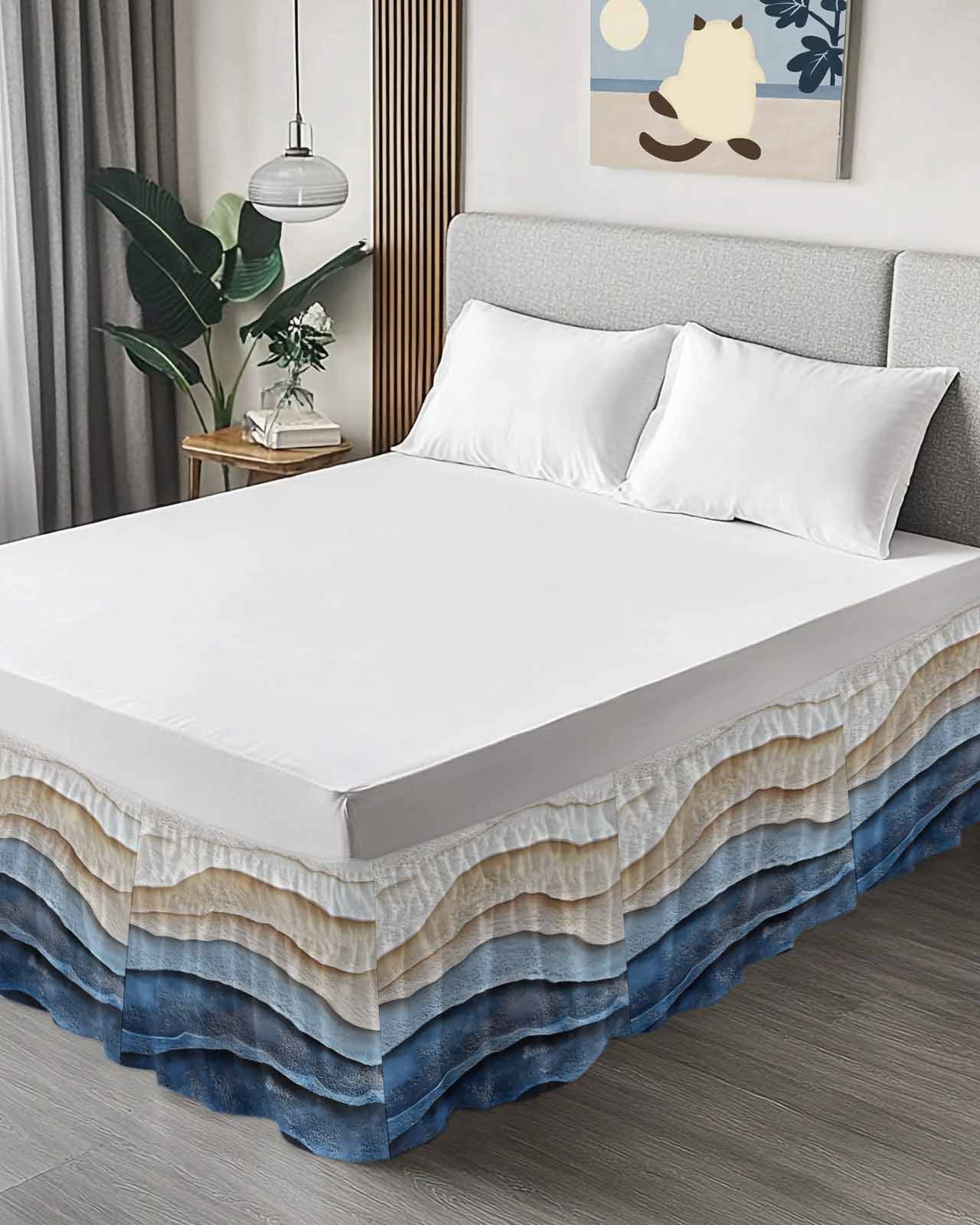 Blue Beige Wrap Around Bed Skirts for Queen Bed 16" Drop, Bed Skirt with Adjustable Elastic Belt Dust Ruffle Bed Valance for Bedroom Hotel Luxury Coastal Wave Modern Abstract Art Bed Frame Cover