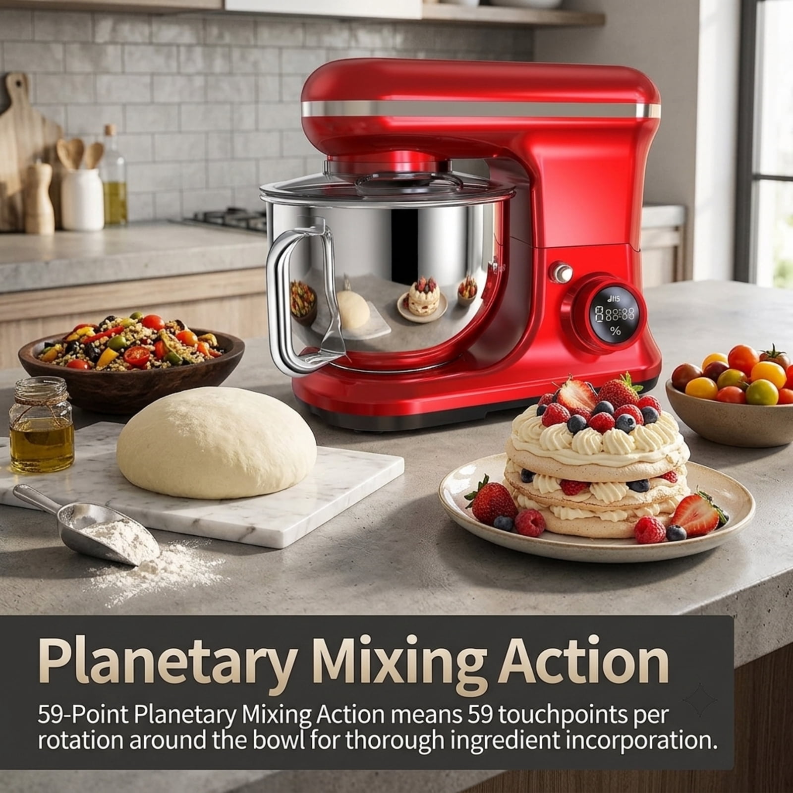 Fenbeli 5.3Qt Stand Mixer with LCD Timer Control, Powerful Electric Kitchen Mixer with Dough Hook, Wire Whisk and Flat Beater, Red