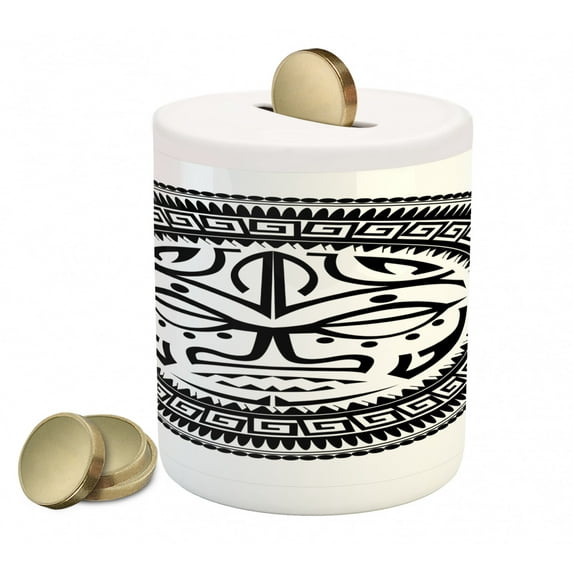 Black and White Piggy Bank, Tribal Maori Culture Design with Dots and Curled Stripes Face, Ceramic Coin Bank Money Box for Cash Saving, 3.6" X 3.2", Black and White, by Ambesonne