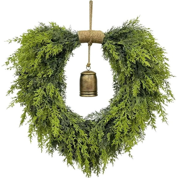 Guvpev 20" Christmas Wreath, Christmas Wreaths for Front Door, Artificial Greenery Cypress Wreath with Bells, Real Touch Soft & Thickness Christmas Door Wreath for Indoor & Outdoor Holiday Decor