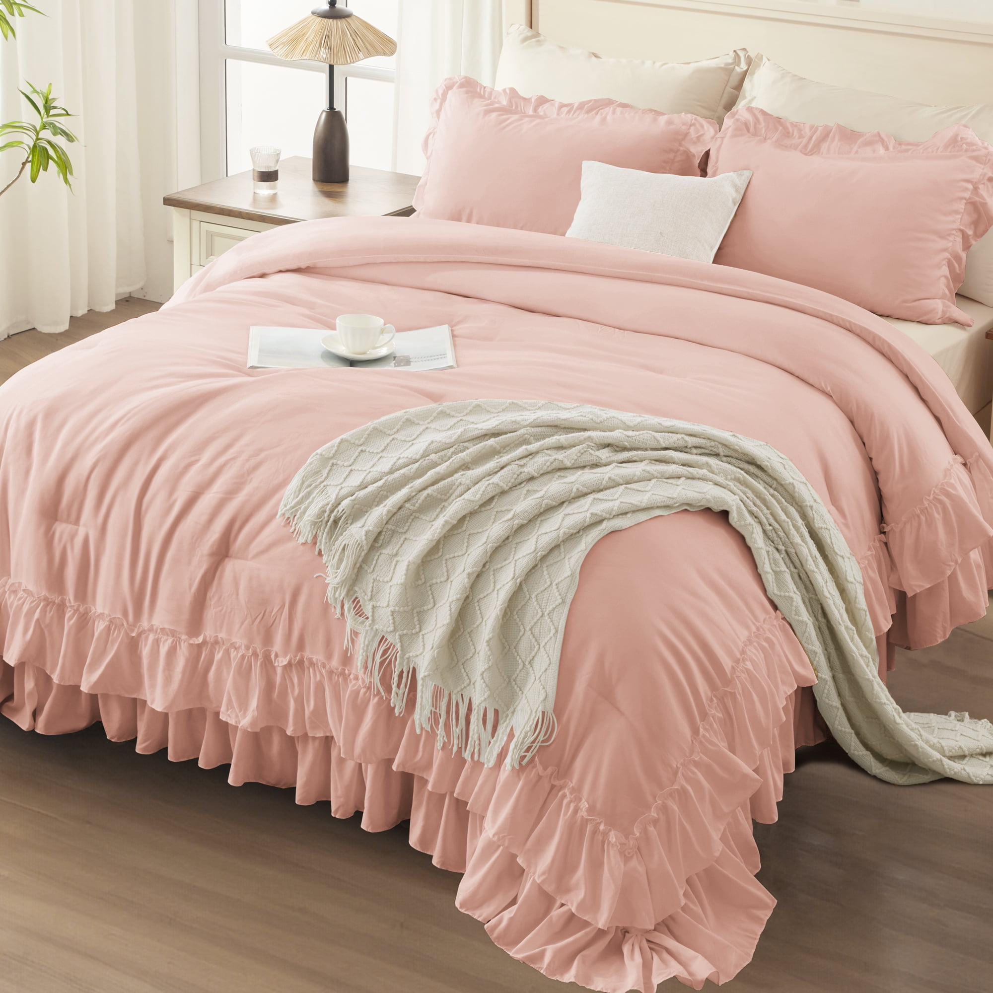 ANGENIA Ruffle Comforter Set Queen Size, 3 Pieces Blush Soft Fluffy Ruffled Bedding Comforter Sets for Queen Bed, Farmhouse Shabby Chic Bed Set for All Season