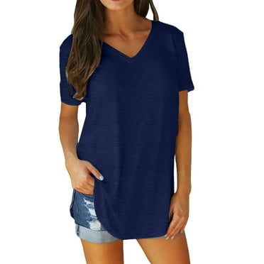 DondPO Womens tops Summer Women's V Neck Short Sleeved Loose T Shirt with Arc Hem Large Size Solid Color top Shirts for Women Blouses for Women Blue 2XL Clearance！