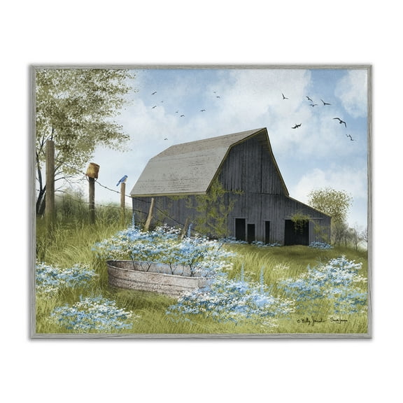 Stupell Industries Blue Floral Country Garden Landscape & Nature Painting Gray Framed Art Print Wall Art, 30 x 24