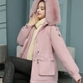 thumbnail image 4 of Women Winter Coat Thick Plush Furry Hooded Long Sleeves Pockets Drawstring Waist Zip-up Windproof Mid Length Overcoat Outdoor Outwear, 4 of 8