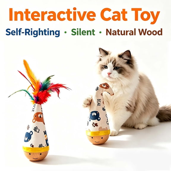 Wooden Wobble Cat Toy, Natural Beechwood Self-Righting Tumbler, Interactive Silent Cat Toy for Indoor Cats, Battery-Free Plush, Aesthetic Home Decor Gift _ A