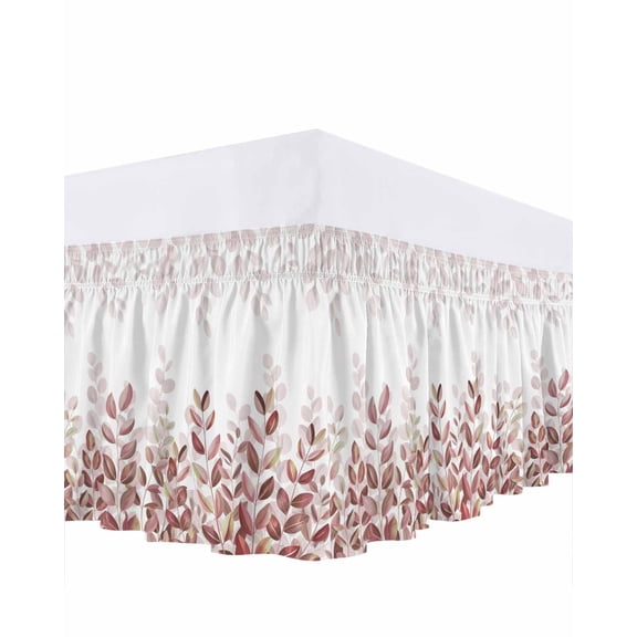 Pink Eucalyptus Bed Skirt Queen Size 18 Inch Drop, Retro Pink Plants Watercolor Leaves Adjustable Elastic Dust Ruffles Bedskirt for Queen Bed Wrap Around Pleated Mattress Frame Cover