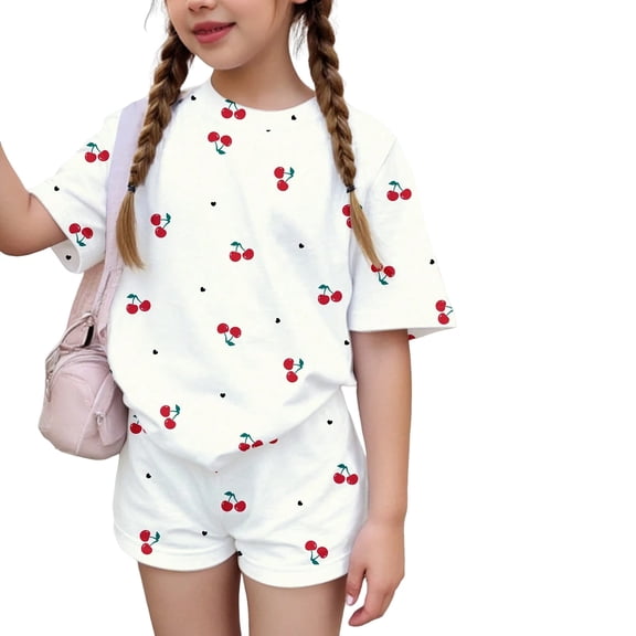 CCRFTGI Summer Outfits for Kids Girls Size 7-8 Cute 2 Piece Outfits Activewear Athletic Cherry Print Short Sleeve T Shirt and Elastic Waist Shorts Clothing Sets White 3-4 Years