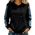 thumbnail image 6 of Denim Patchwork Hoodies for Women Loose Hooded Drawstring Pullover Sweatshirt Fall Long Sleeve Casual Tops with Pockets, 6 of 6