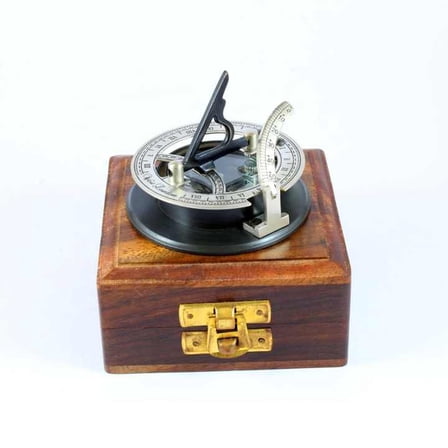 Silver Sundial Compass Nautical Handmade Polished Directional for Anniversary Gift Birthday Metal Glass Material in Wooden Box