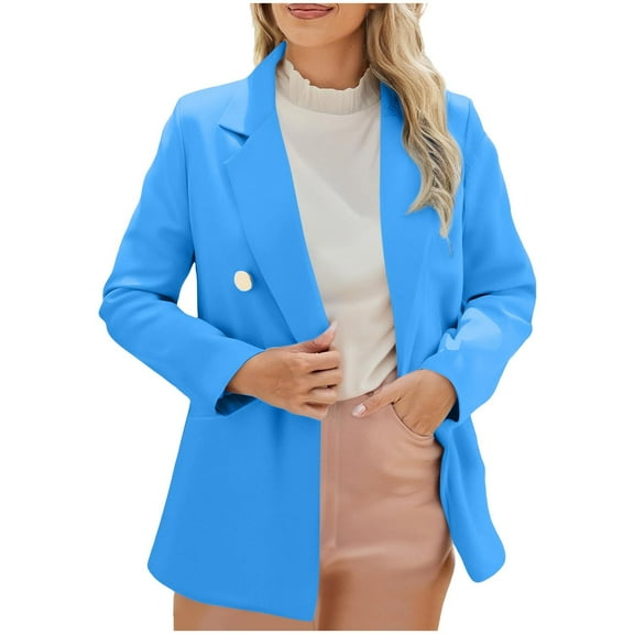 Uootdi Women's Double Breasted Blazer Long Sleeve Lapel Collar Suit Jacket Work Office Casual Fall Winter Outwear Trendy Solid Color Button Up Coat for Business Daily Look