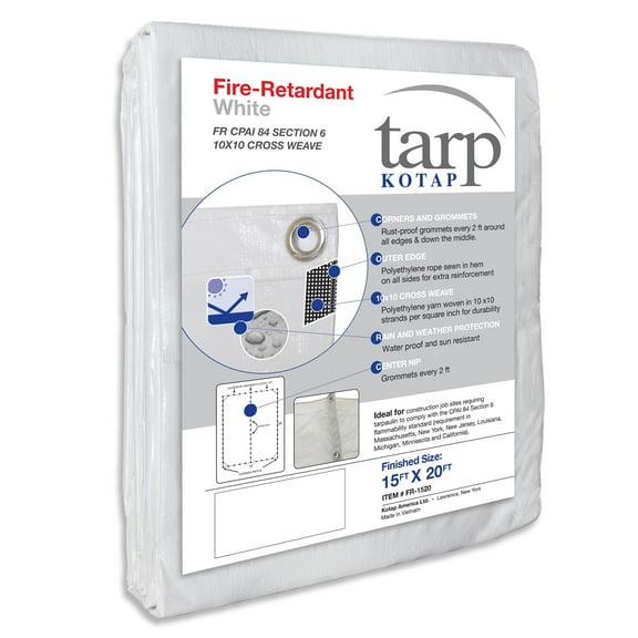 Kotap 15-ft x 20-ft Fire-Retardant White Tarp, Item: FR-1520