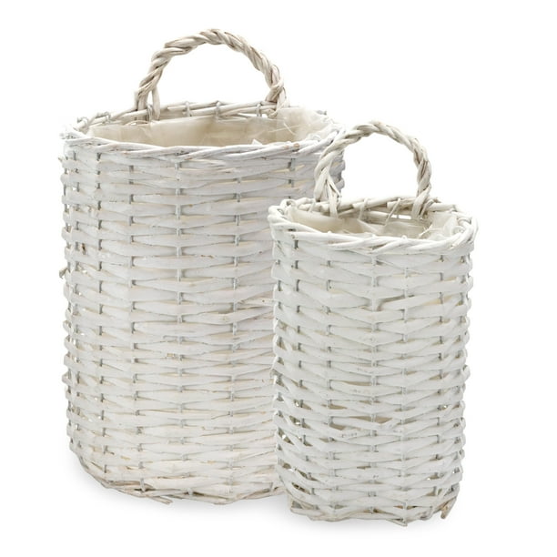 AuldHome Wall Hanging Baskets (White, Set of 2); Woven WIcker Rustic
