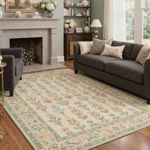 GENIMO 8'x10' Floral Rug for Living Room, Large Machine Washable Non Slip Low Pile Area Rug for Bedroom Dining Room, Dusty Sage