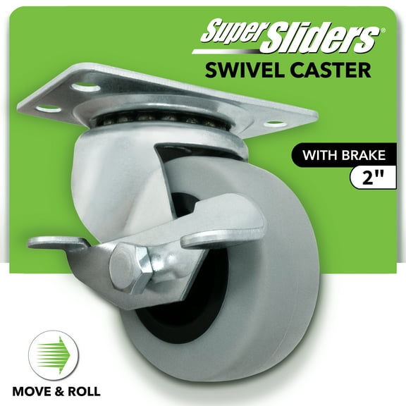 Super Sliders 2 inch Swivel Plate Caster with Side Brake 90 lb Load Capacity Thermoplastic Rubber (TPR), Non Marking – 1-Pack