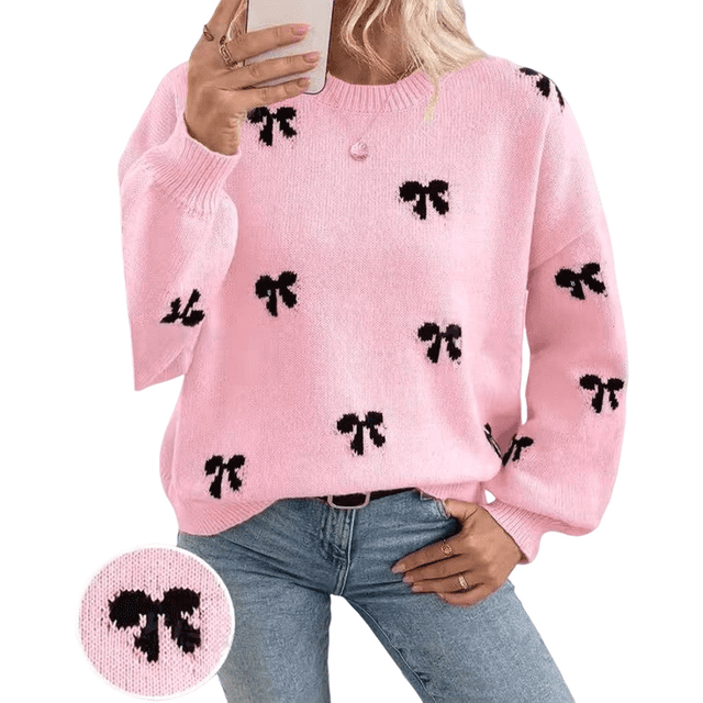 Chandail Imprimé Y2K pour Femmes Col Rond Manches Longues Épaules Tombantes Tricot Rose G