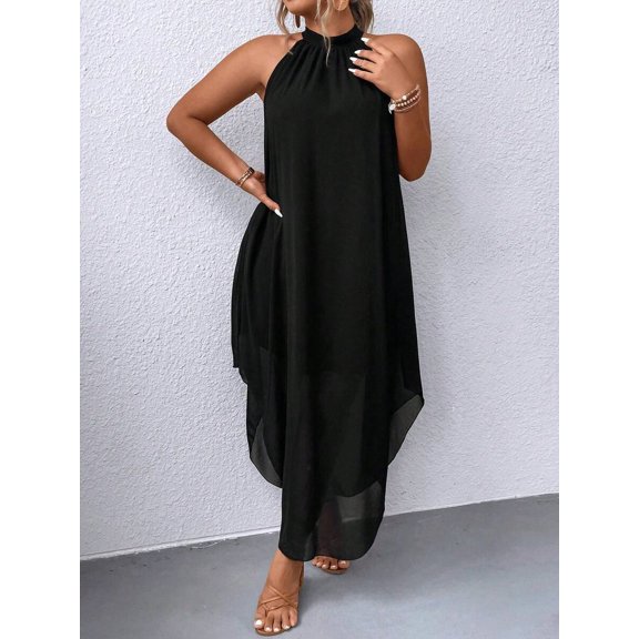 Black Plus Size Halter Neck High-Low Maxi Dress For Women