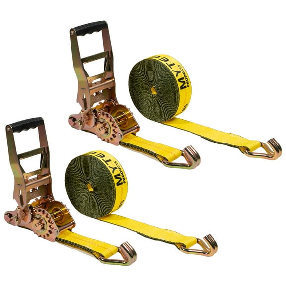 2 Pack 2"x27' Self-Tensioning Ratchet Strap with J Hooks - 10,000 lbs BS - Heavy Duty Tie Down Large Bar Handle and Cargo Straps with Wire Hooks for Flatbed, Trucks, Pickup - Yellow