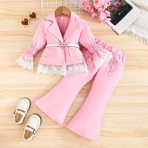 Girls 3 Piece Formal Outfit Long Sleeve with Belt Shirt and Long Pants Set Suit for Wedding Party Performance and Special Occasions Wear