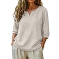 thumbnail image 4 of Sillenn Notch Neck Puff Bubble 3/4 Sleeve Cotton Linen Blouse for Women Loose Fit Dressy Casual Muslin Shirt Lightweight Breathable Relaxed Fit Tunic Shirt Casual Summer Basic Linen Shirts Beige L, 4 of 9