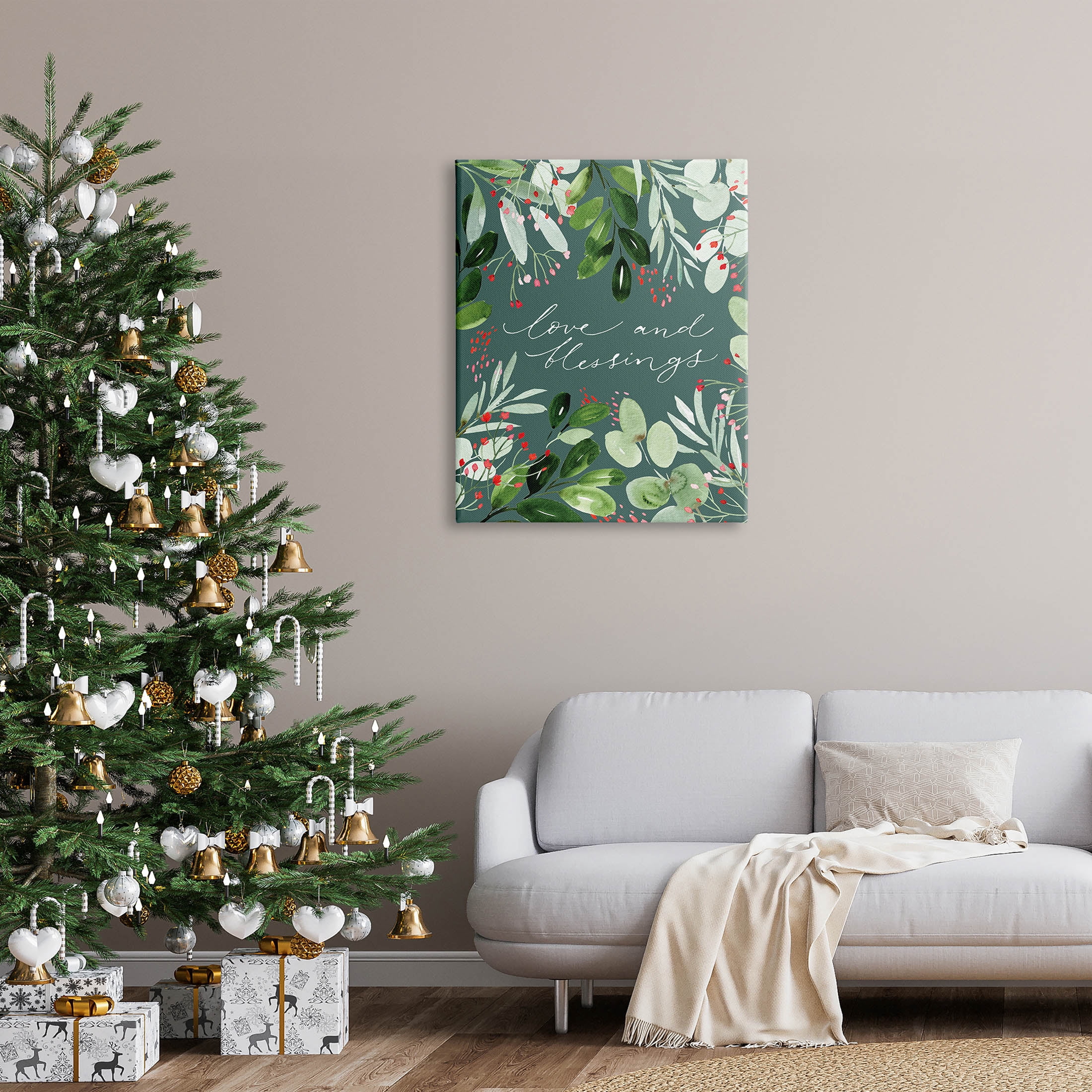 Love & Blessings Green Floral Leaves Holiday Graphic Art Gallery Wrapped Canvas Print Wall Art