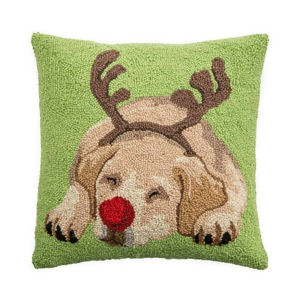 Hooked Wool Yellow Labrador with Antlers Holiday Throw Pillow Walmart