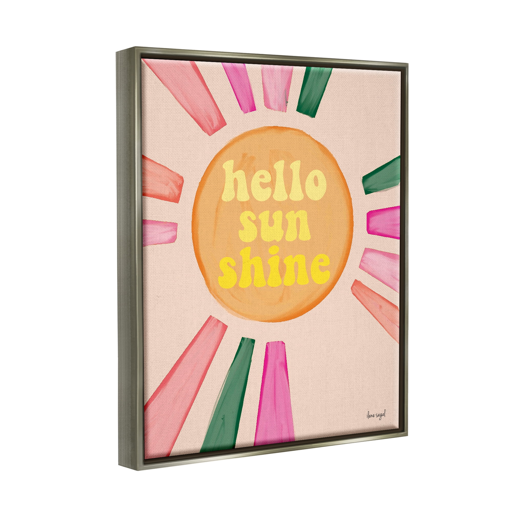 Stupell Industries Hello Sunshine Groovy Text Pink Green Sun Rays Graphic Art Luster Gray Floating Framed Canvas Print Wall Art, Design by Ilene Segal