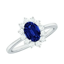 Rosec Jewels Oval Created Blue Sapphire Ring with Diamond Halo, Princess Diana Inspired Ring, 925 Sterling Silver, US 10.00