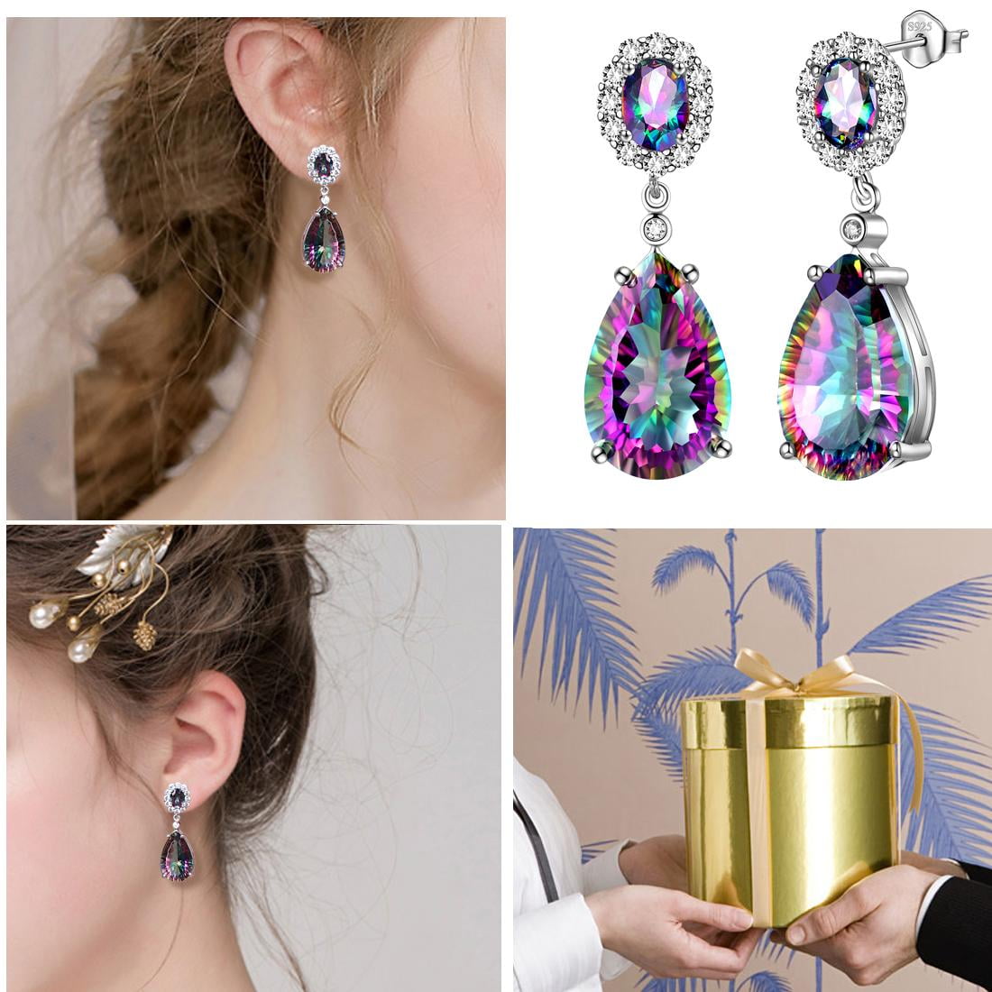 Juwaliy 10CT Teardrop Dangle Earrings Women Rainbow Mystic Topaz Stud Earring 925 Sterling Silver Jewelry Birthday Christmas Mother's Day Gift for Her