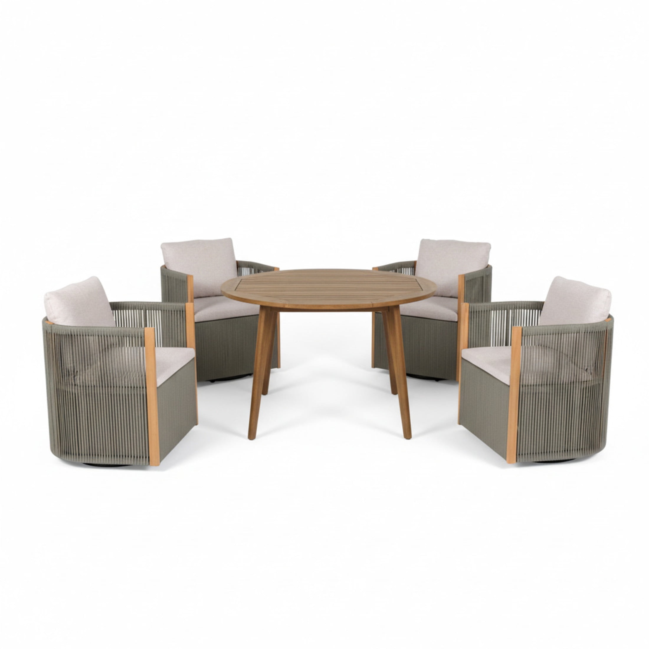 Christopher Knight Home 5 Piece Patio Dining Set with Swivel Rope Chairs and Round Wood Table, Light Gray