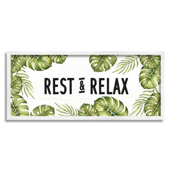 Stupell Industries Rest & Relax Tropical Monstera Plants Leaves Typography Framed Wall Art, 24 x 10, Design by Daphne Polselli