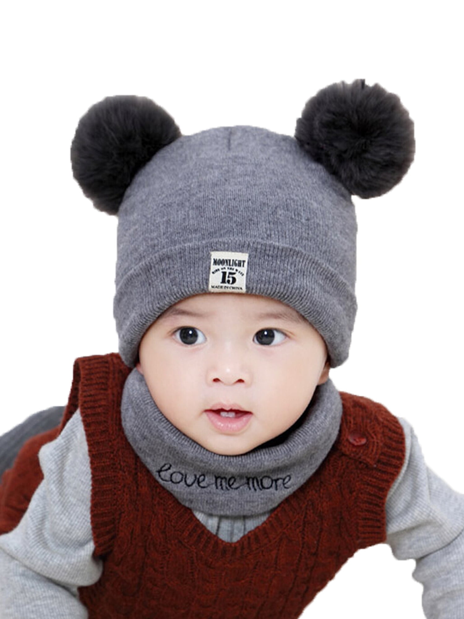 Kids Boys Girls 2 Pieces Winter Knit Hats Scarf Set Fur Pom Cute Cap W/Ear Flap 