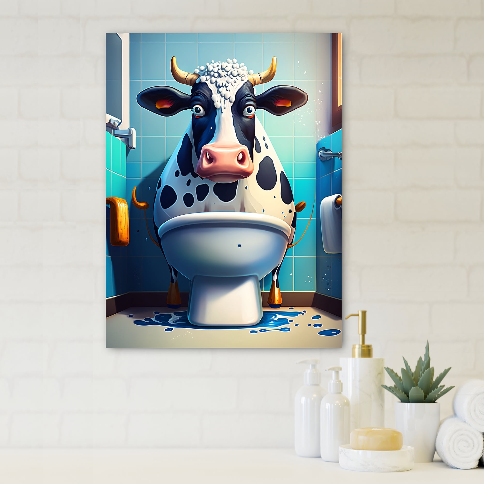 Designart Cute Cow On Toilet Canvas Wall Art