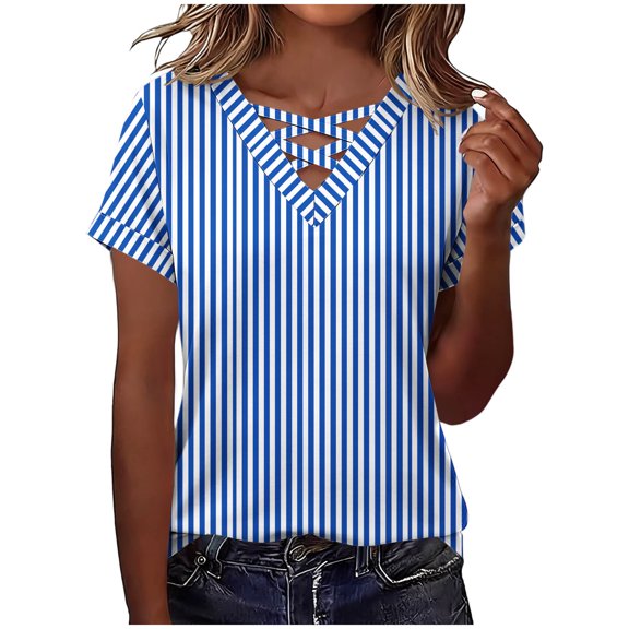 Otvok Summer Tops for Women Trendy Vertical Striped V Neck T-Shirts Short Sleeve Soft Casual Tee Shirts Vacation Outfits