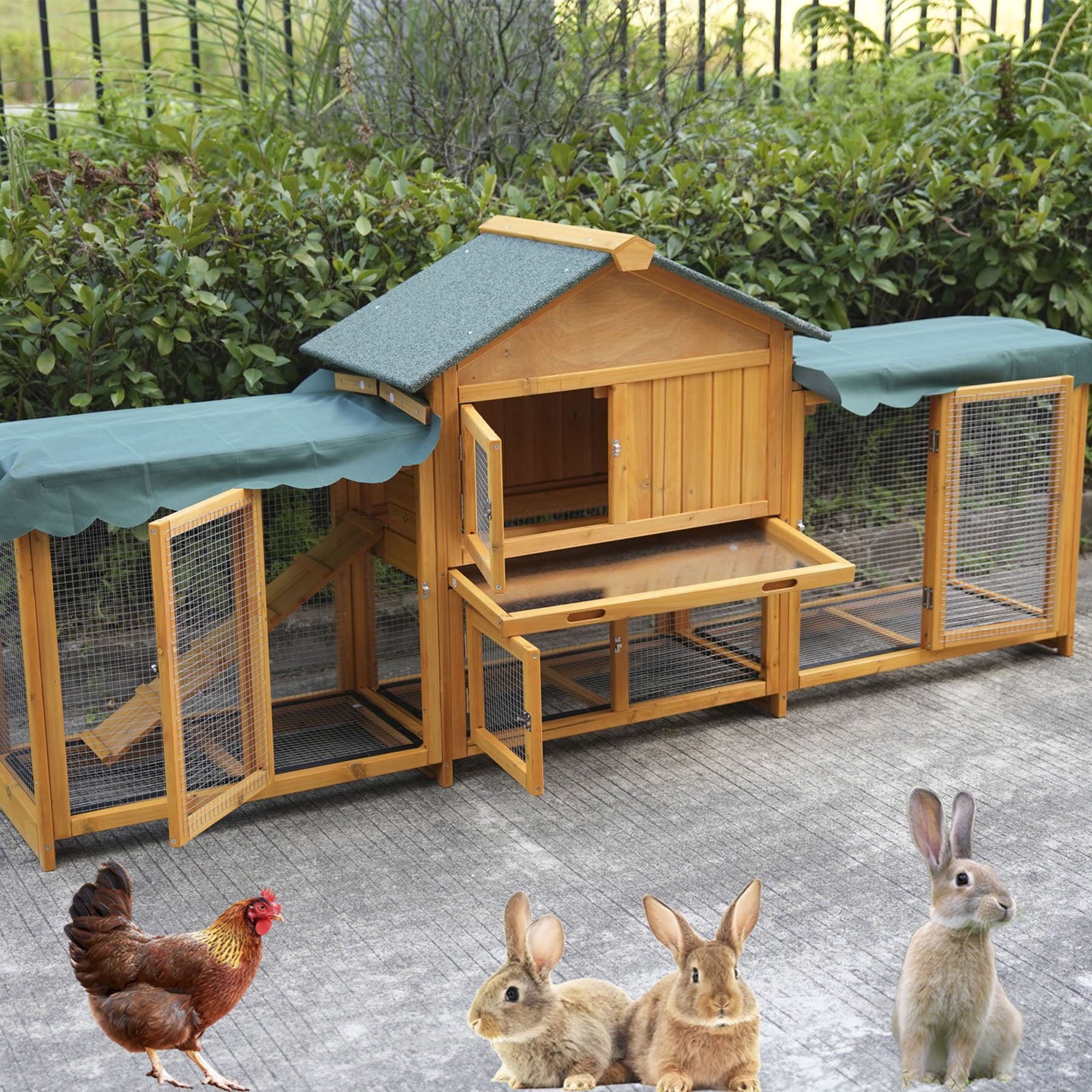 S-HOME 82 Inch Double Layer Dark Yellow Wooden Rabbit Cage, Easy Clean Pull-Out Tray, Weatherproof Design For Small Animals