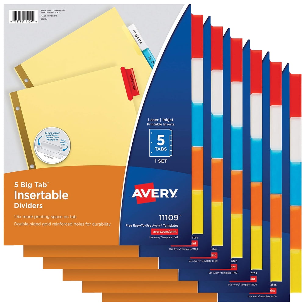 Avery Insertable Paper Divider, Color, Big Tab, 5Tab, 6Pk (71109