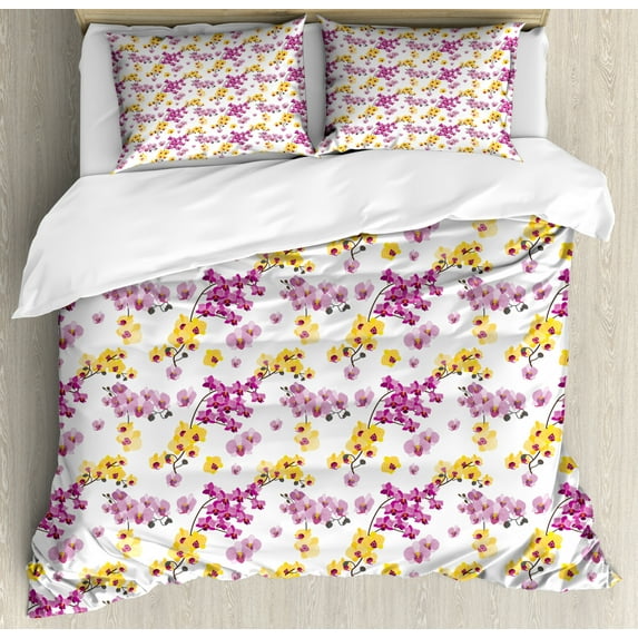 Aloha Duvet Cover Set Queen Size, Hawaiian Purple and Yellow Flourishing Orchid Branches and Buds Floral Motifs Pattern, Decorative 3 Piece Bedding Set with 2 Pillow Shams, Multicolor, by Ambesonne