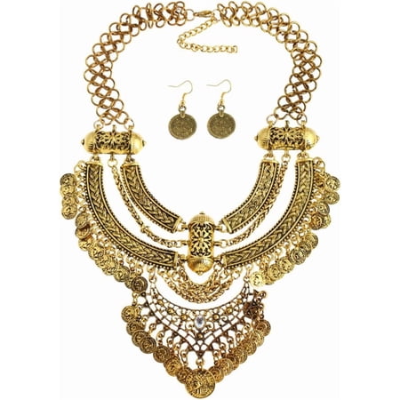 YMCSTONEMA Gypsy Jewelry Set Gypsy Costume For Women Gold tone Coins Necklace Earrings Set Belly Dance Jewelry Accessories Egyptian Renaissance Costume[xl5300]