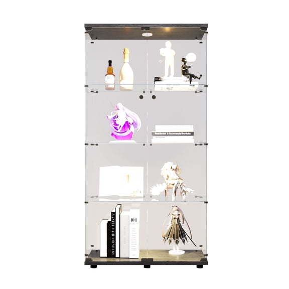4 Shelves LED Lights Glass Display Cabinet with 2 Doors, Floor Standing Curio Cabinet, Glass Doors - Dustproof Display Case, Collectibles, China & Figurine Display Case for Living Room,Bedroom,Office