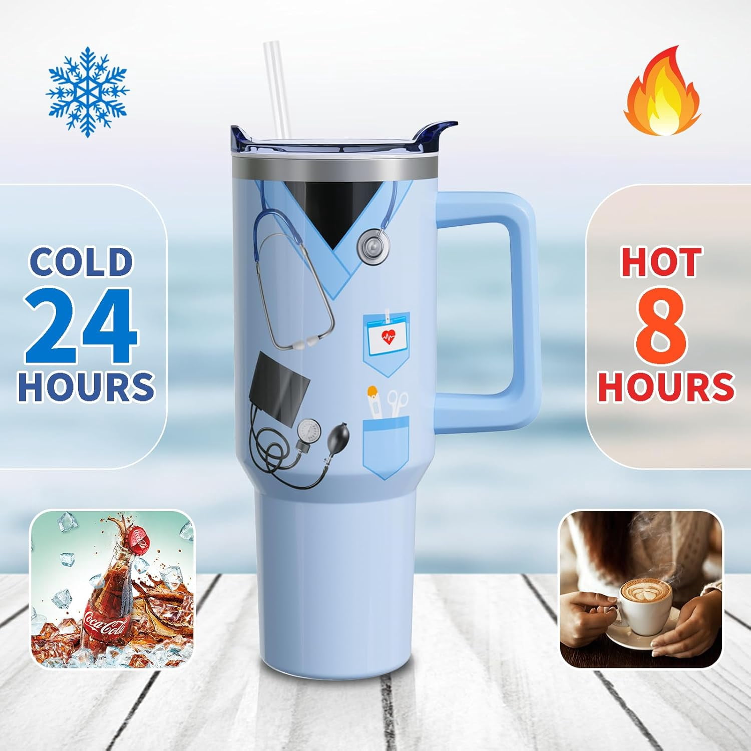 40oz Nurse Gift Tumbler with Handle & Straw - Insulated Stainless Steel Water Bottle, Blue - Appreciation Gifts for Nursing Graduation, Nurse Week (Practitioner, RN, Student)