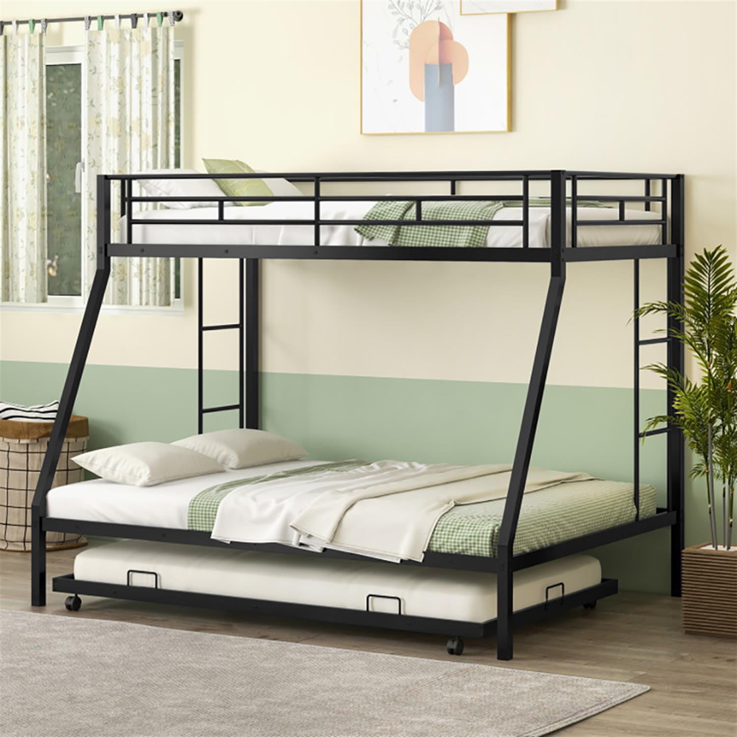 Demi Bonn Twin Pull-Out Bunk Beds with Ladder in the Steps and a Trundle for Guest Room, Full Convertible Bunk Bed Platform, Black