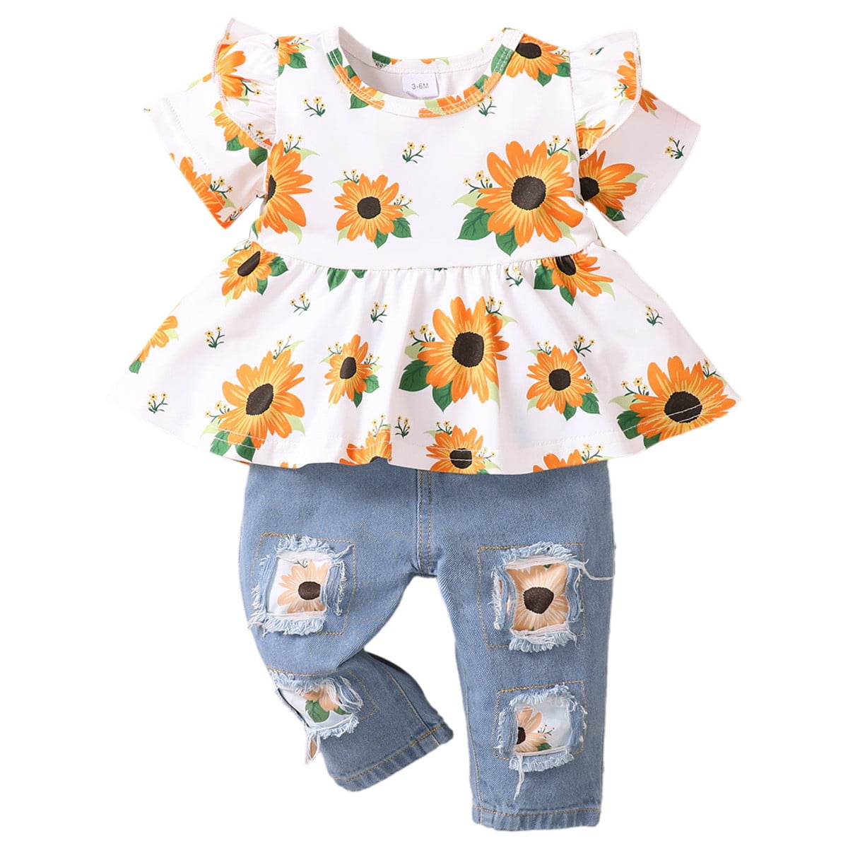 Girls' Popular Floral Print Skirt Style Top With Patch Denim Set