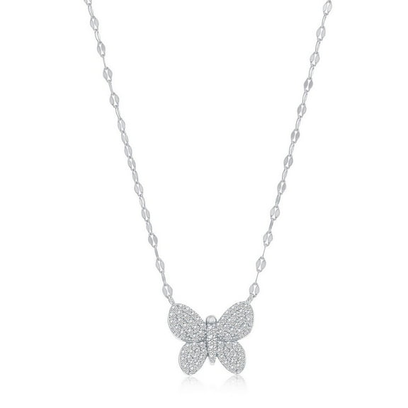 Beaux Bijoux Butterfly with Simulated Diamond CZ Necklace in Sterling Silver - Mirror Chain Necklace - Hypoallergenic Necklace for Women - Fine Jewelry for Her