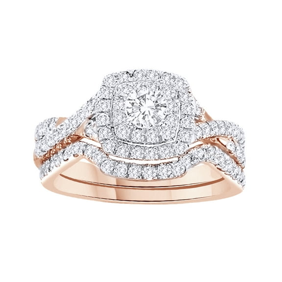 AFFY White Natural Diamond Halo Ring Set In 10k Rose Gold (1.1 Cttw)