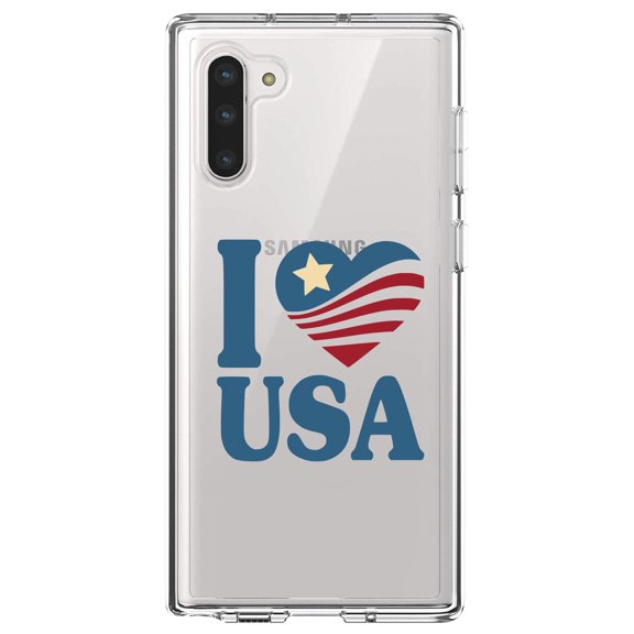 DistinctInk Clear Shockproof Hybrid Case for Samsung Galaxy Note 10 (6.3" Screen) - TPU Bumper Acrylic Back Tempered Glass Screen Protector - I Love USA Flag