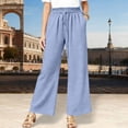 thumbnail image 2 of Summer Linen Pants Women Drawstring Elastic Waist Wide Leg Palazzo Pants Casual Flowy Beach Cropped Trousers Blue 2XL, 2 of 4