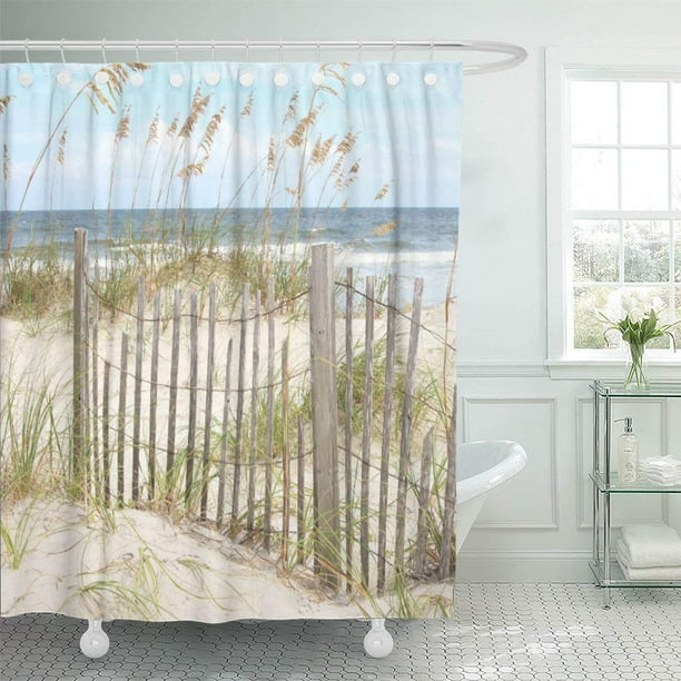 SUTTOM Sand Beach Fence Wood Wooden Grass Photography Seascape Tropical Shower Curtain 60x72